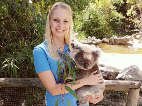 a woman holding a koala
