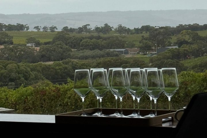 Six empty wine glasses on a tray with a scenic landscape view.