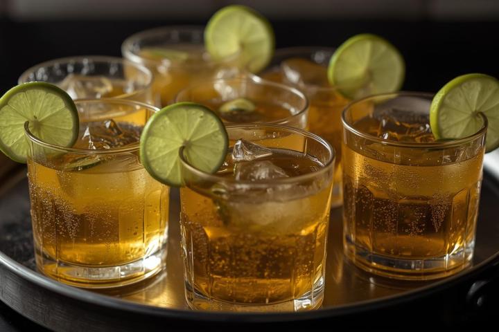 Tray with eight filled glasses of iced cocktails, each garnished with a lime slice.