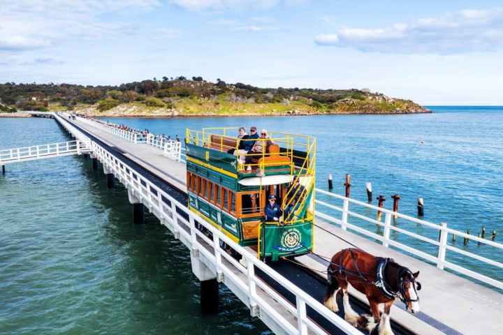 Horse-drawn tram crossing a narrow bridge with blue waters and greenery in the background.