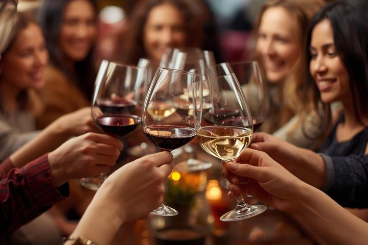 Group of people clinking wine glasses together in celebration at a table.