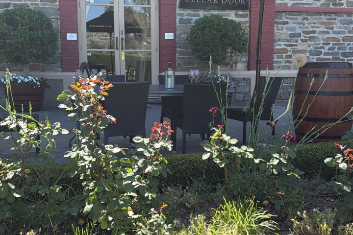 Brick facade with cellar door, patio chairs, umbrella, garden bed and barrel.