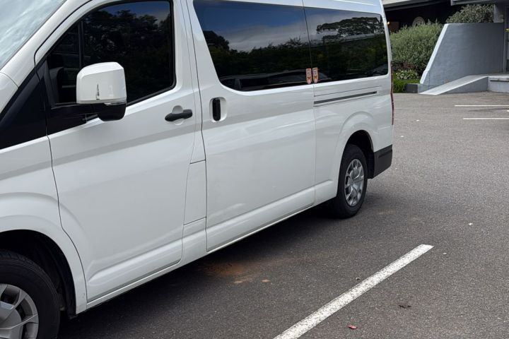 White van parked on asphalt near trees and a building.