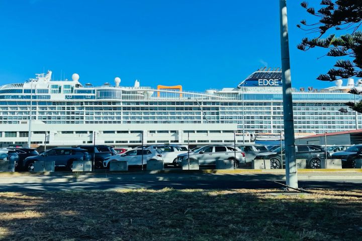 Large cruise ship docked next to a parking lot under a clear blue sky.